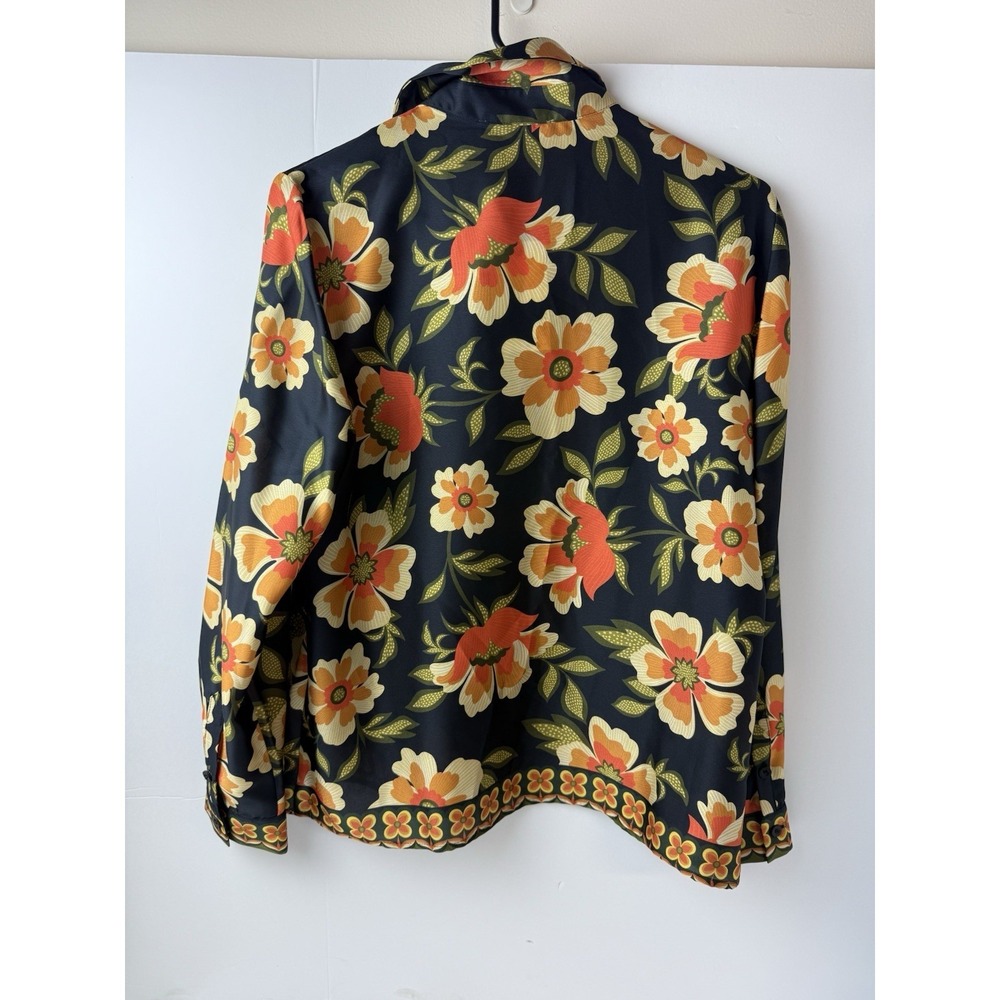 New Chelsea & Violet Black Orange Floral‎ Print Popover Blouse Shirt Size 2 - Picture 3 of 6